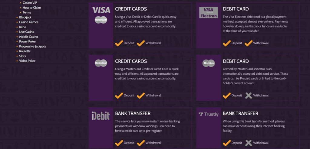 Mummy's Gold Casino payment methods