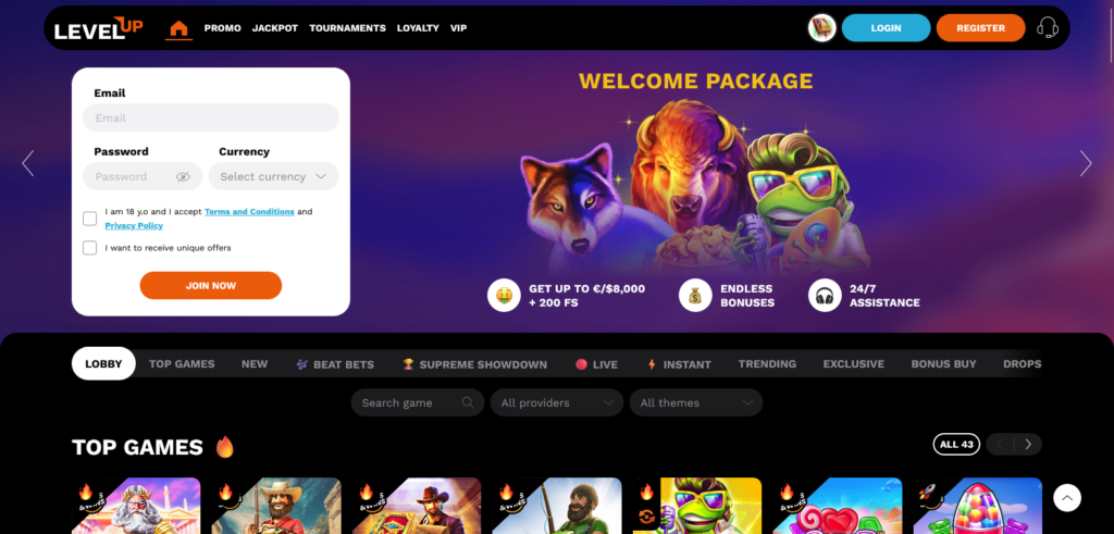 LevelUp casino site navigation