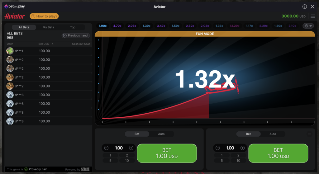 aviator demo game screenshot from betandplay casino