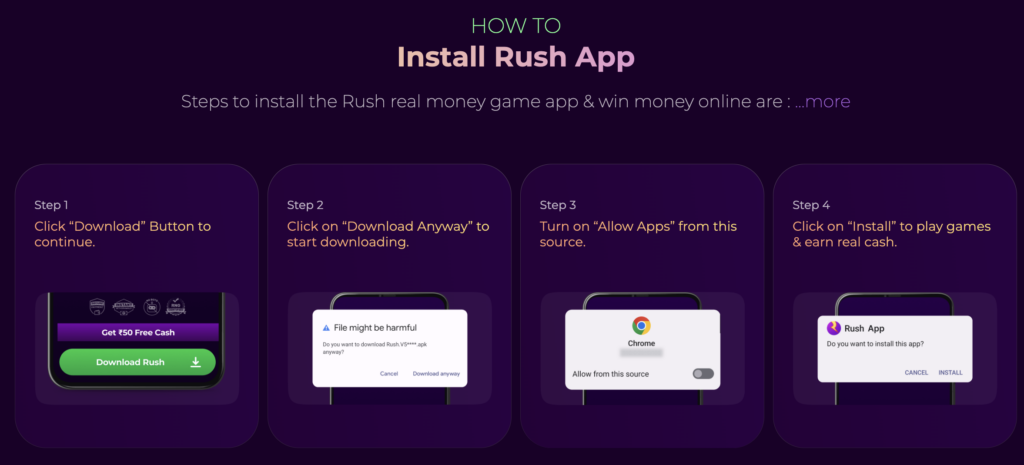 لقطة شاشة من موقع تطبيق Rush على الويب حول كيفية تثبيت تطبيق Rush والبدء في كسب أموال حقيقية في الألعاب عبر الإنترنت