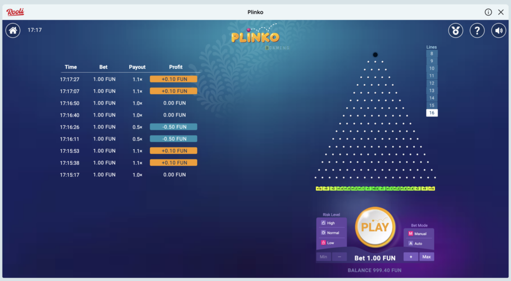 plinko online demo game screenshot from rooli casino site