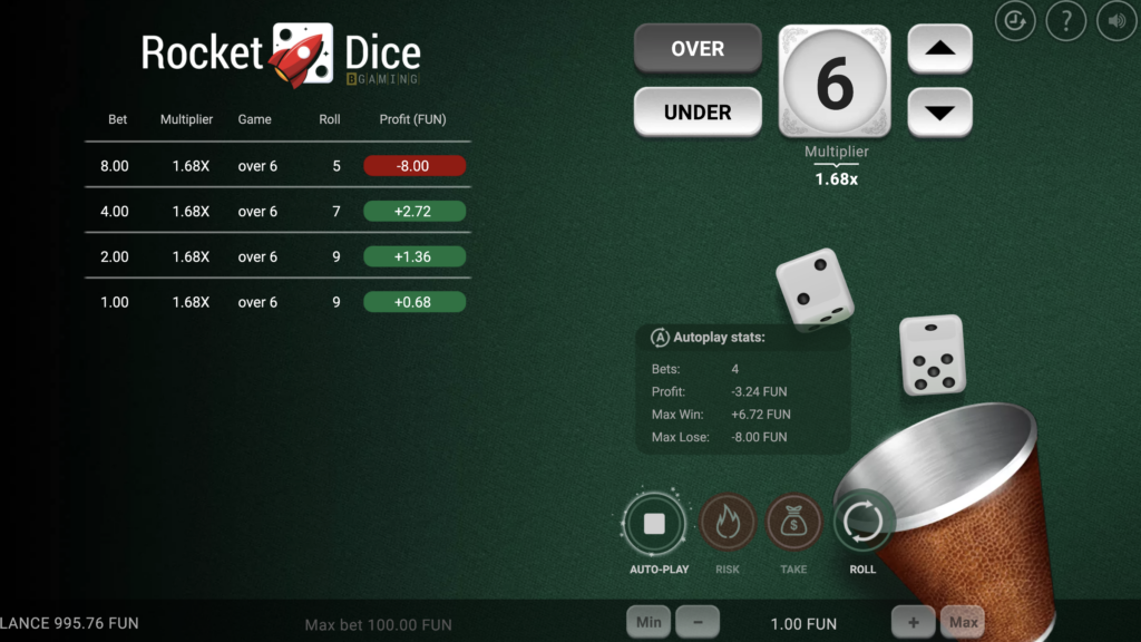 rocket dice online game screenshot from bgaming website